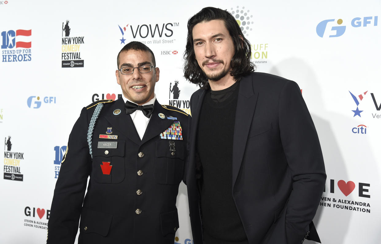 NEW YORK, NY - NOVEMBER 01:  Staff Sergeant, US Army Michael Kacer and Actor Adam Driver attend as The New York Comedy Festival and The Bob Woodruff Foundation present the 10th Annual Stand Up for Heroes event at The Theater at Madison Square Garden on November 1, 2016 in New York City.  (Photo by Kevin Mazur/Getty Images for The Bob Woodruff Foundation)