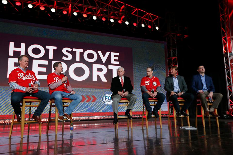 The Cincinnati Reds front office discusses the upcoming season with broadcasters Jeff Brantley and Tommy Thrall during RedsFest at the Duke Energy Convention Center in downtown Cincinnati on Friday, Dec. 6, 2019.