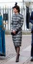 <p>The Duchess of Cambridge attended a service for the four victims of <a href="https://www.townandcountrymag.com/society/politics/a9169201/man-attacking-police-shot-outside-houses-of-parliament/" rel="nofollow noopener" target="_blank" data-ylk="slk:London's recent terrorist attack;elm:context_link;itc:0;sec:content-canvas" class="link ">London's recent terrorist attack</a>. She dressed appropriately in an understated black and white Missoni coat dress, sheer black tights, a black headpiece, and pearl drop earrings.</p>