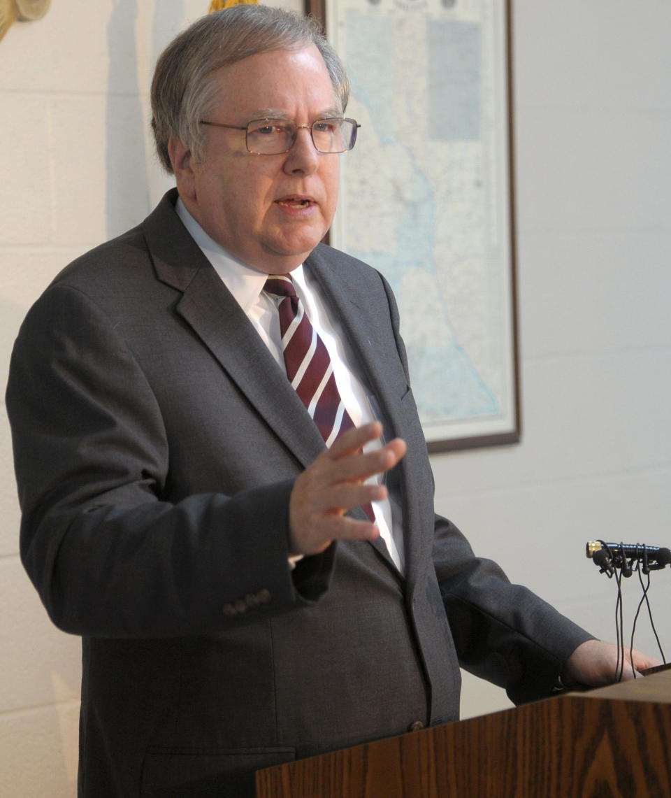 Chuck Kitchens, attorney for Alamance County Sheriff Terry Johnson, speaks during a news conference in Graham, N.C. Tuesday, Sept. 18, 2012. A two-year investigation by the U.S. Department of Justice has found that Johnson and his deputies routinely discriminated against Latinos by making unwarranted arrests with the intent of maximizing deportations. In a report issued Tuesday, the federal agency said Johnson and his deputies violated the constitutional rights of U.S. citizens and legal residents by illegally targeting, stopping, detaining and arresting Latinos without probable cause. Johnson told reporters at a news conference that the report's findings are baseless and that "the Obama administration has decided to wage war on local law enforcement." (AP Photo/Burlington Times-News, Scott Muthersbaugh)