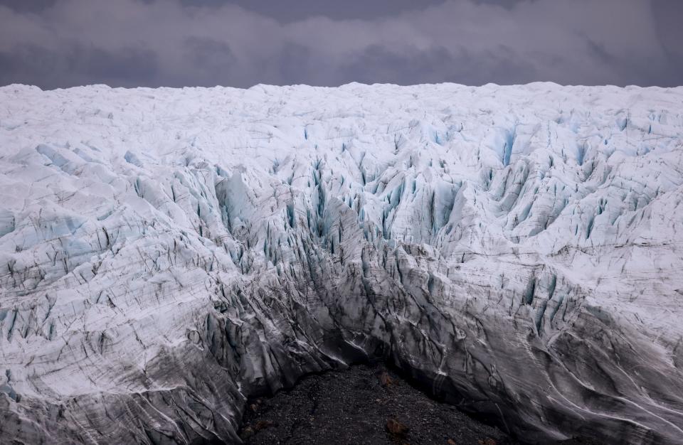 An edge of the retreating Greenland Ice Sheet is viewed at 'Point 660', located 660 meters above sea level, on September 8, 2021 near Kangerlussuaq, Greenland. 2021 will mark one of the biggest ice melt years for Greenland in recorded history.
