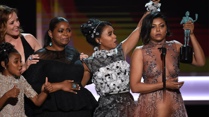 Taraji P. Henson, from right, Janelle Monae, Octavia Spencer, Kimberly Quinn, and Saniyya Sidney, foreground left, accept the award for outstanding performance by a cast in a motion picture for “Hidden Figures” at the 23rd annual Screen Actors Guild Awards at the Shrine Auditorium & Expo Hall on Sunday, Jan. 29, 2017, in Los Angeles. (Photo by Chris Pizzello/Invision/AP)
