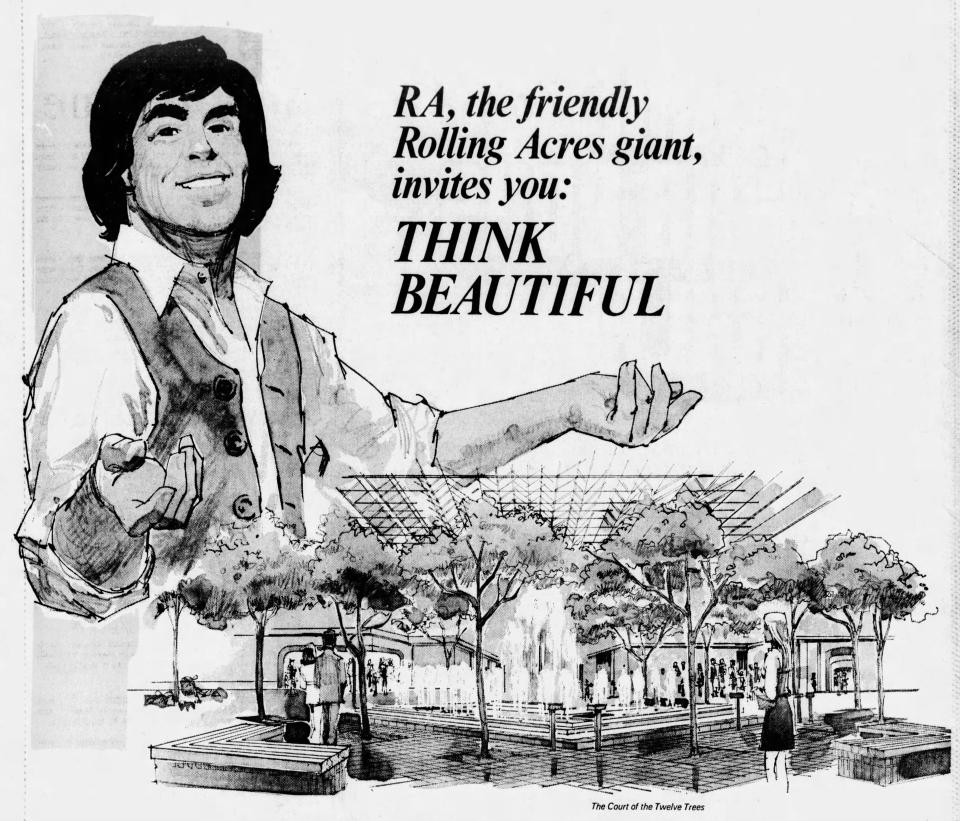 RA the Friendly Giant looms over the Court of Twelve Trees at Rolling Acres Mall in this 1975 advertisement.