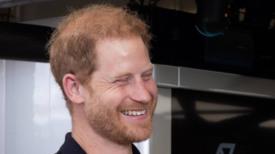 Prince Harry smiling in a short sleeved top