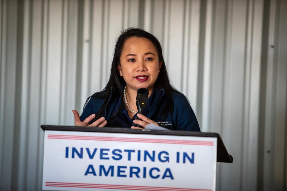 Bureau of Reclamation Commissioner Camille Calimlim Touton announces new investments from President Biden’s Investing in America agenda for Salton Sea restoration efforts in Brawley, Calif., on Thurs., Dec. 7, 2023.