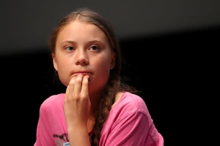 Swedish teenage climate activist Thunberg attends a news conference during the SMILE meeting in Lausanne