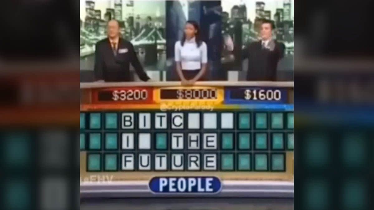 An edited video showed two fake Wheel of Fortune puzzles being solved as bitches in the future and bitcoin in the future. 