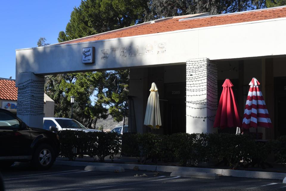 Former lettering for Stella's Gourmet Restaurant, which recently closed, is visible above the business on Michael Drive in Newbury Park on Jan 8. Cedro Italian Restaurant will open at the location.