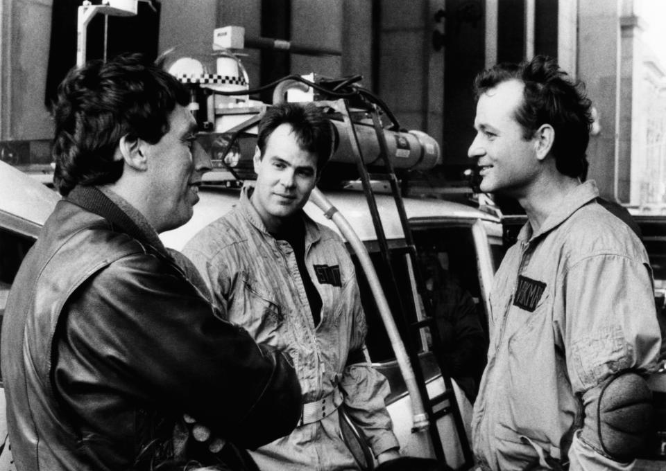 (L-R): Ivan Reitman, Dan Aykroyd and Bill Murray on the set of "Ghostbusters"