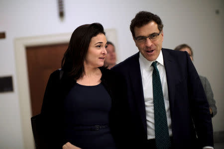 Facebook Chief Operating Officer Sheryl Sandberg and Vice President of communications and public policy Elliot Schrage on Capitol Hill after meeting with U.S. Rep. Jackie Speier (D-CA) in Washington, U.S. October 12, 2017. REUTERS/James Lawler Duggan