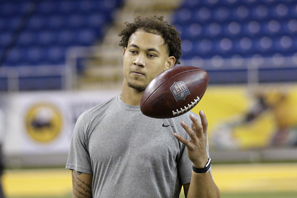 North Dakota State quarterback Trey Lance warms up at the school's football NFL Pro Day Friday, March, 12, 2021, in Fargo, North Dakota. (AP Photo/Andy Clayton- King)