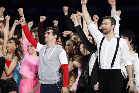 Figure Skating - Pyeongchang 2018 Winter Olympics - Gala Exhibition - Gangneung Ice Arena - Gangneung, South Korea - February 25, 2018 - Javier Fernandez of Spain and Eric Radford of Canada gesture. REUTERS/John Sibley