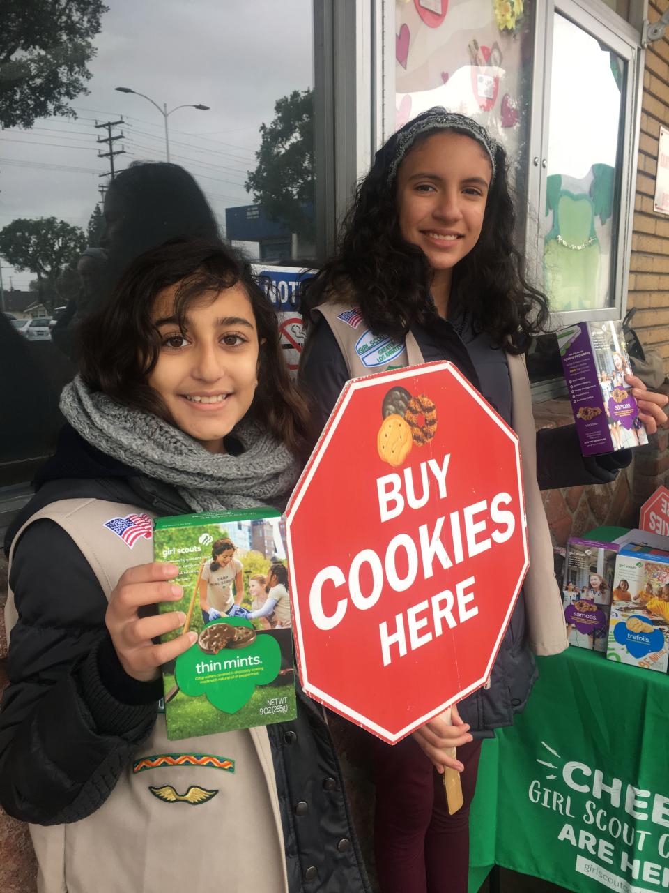 Girl Scouts Sarah Khaled, 11, left, and Sofia Estrada, 12, set up shop one chilly February day outside Brent's Deli in Northridge, California, to offer passers-by irresistible Thin Mints and other cookies. Both are from the Heart of The Valley Troop 616 in Porter Ranch, California.