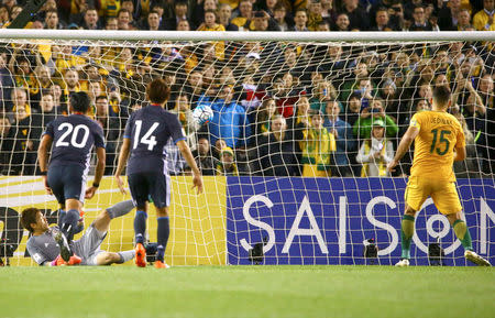 Football Soccer - Australia v Japan - World Cup 2018 Qualifier - Docklands stadium - Melbourne, Australia - 11/10/16. Australia's Mile Jedinak scores a penalty goal. REUTERS/David Gray