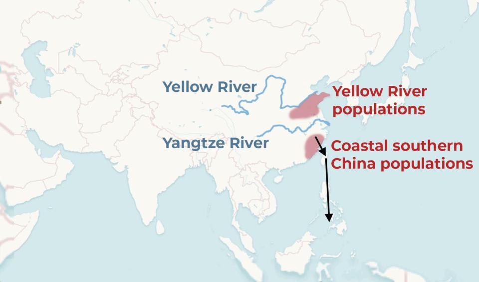 map showing different ancestral populations in Asia based on aDNA