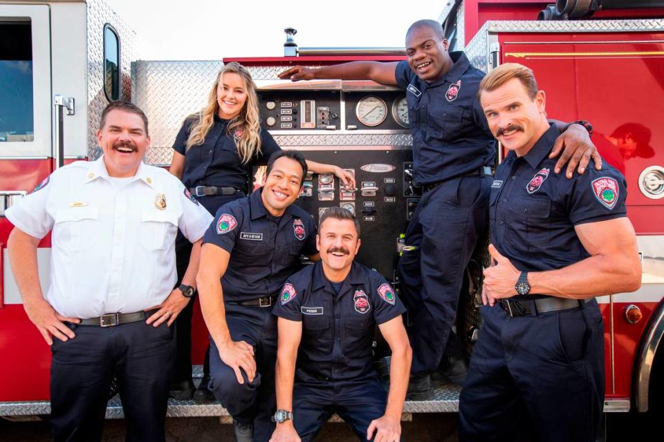 The cast of the TruTV sitcom, “Tacoma FD”. From left: Kevin Heffernan, Hassie Harrison, Eugene Cordero, Steve Lemme, Marcus Henderson and Gabriel Hogan.