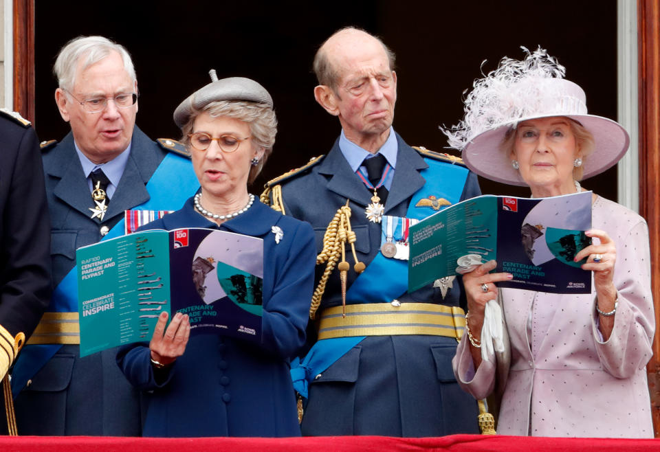 LONDON, UNITED KINGDOM - JULY 10: (EMBARGOED FOR PUBLICATION IN UK NEWSPAPERS UNTIL 24 HOURS AFTER CREATE DATE AND TIME) Prince Richard, Duke of Gloucester, Birgitte, Duchess of Gloucester, Prince Edward, Duke of Kent and Princess Alexandra watch a flypast to mark the centenary of the Royal Air Force from the balcony of Buckingham Palace on July 10, 2018 in London, England. The 100th birthday of the RAF, which was founded on on 1 April 1918, was marked with a centenary parade with the presentation of a new Queen's Colour and flypast of 100 aircraft over Buckingham Palace. (Photo by Max Mumby/Indigo/Getty Images)