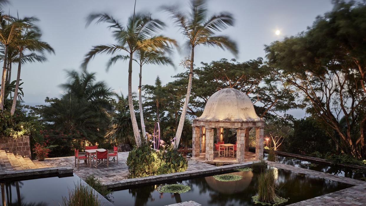 Outdoor patio area at the Nevis-based Golden Rock Inn 