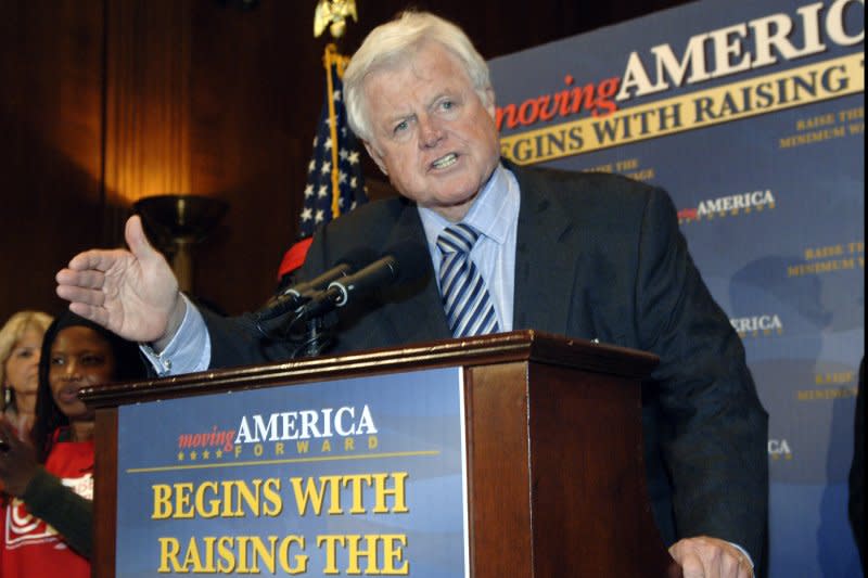 Sen. Edward Kennedy, D-Mass., speaks at a rally for increasing the federal minimum wage in Washington on November 16, 2006. On May 24, 2007, the U.S. Congress voted to increase the minimum wage for the first time in 10 years -- from $5.15 an hour to $7.25 over a three-year period. File Photo by Kevin Dietsch/UPI