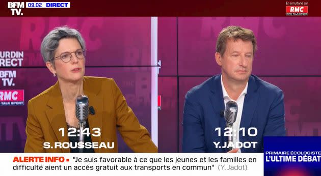 Rousseau et Jadot s'opposent sur l'augmentation du prix de l'essence pour le dernier débat de la primaire écolo (Photo: @BFMTV/RMC)