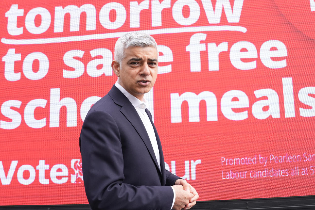 Current Mayor of London and Labour party candidate Sadiq Khan at the launch of an advertising van for his campaign ahead of the London Mayoral election on Thursday. (Getty)