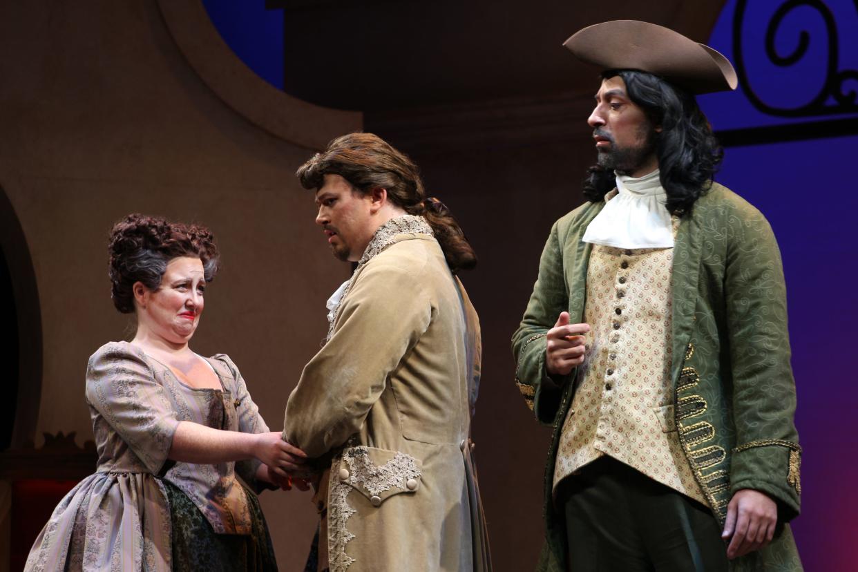 Figaro (Coleridge Nash) discovers that Marcellina (Mary Botter) and Don Bartolo (Alireza Tousi) are his long lost parents in the Florida State Opera's production of "The Marriage of Figaro," running Oct. 27-30, 2022.