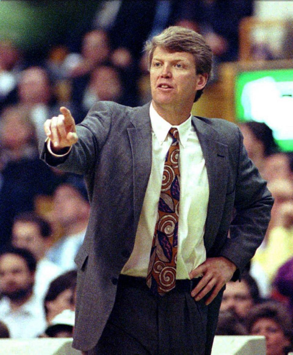 Charlotte Hornets coach Allan Bristow directs play from the sidelines during the first quarter at Boston Garden Thursday in 1993