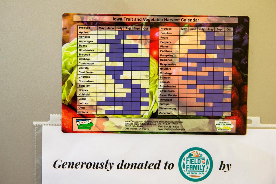 A magnet featuring information about growing seasons for different crops in Iowa is seen during a tour of Field to Family.