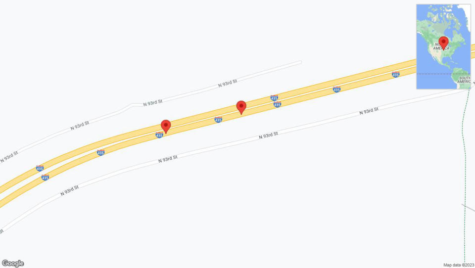 A detailed map that shows the affected road due to 'Broken down vehicle on northbound I-435 in Kansas City' on December 15th at 4:57 p.m.