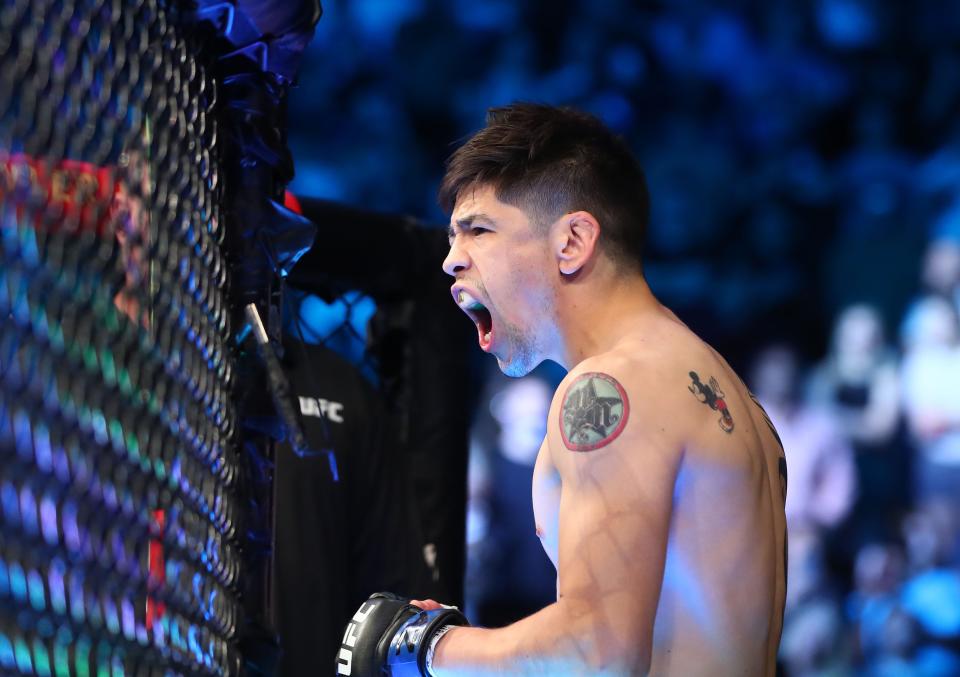 Jun 12, 2021; Glendale, Arizona, USA; Brandon Moreno reacts before fighting Deiveson Figueiredo during UFC 263 at Gila River Arena. Mandatory Credit: Mark J. Rebilas-USA TODAY Sports