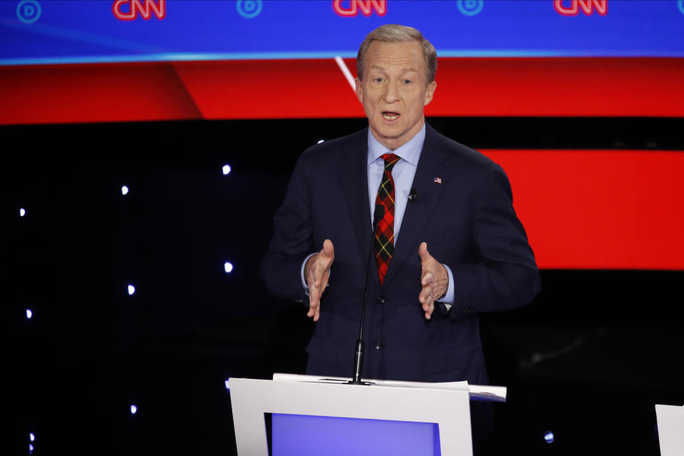 Democratic presidential candidate businessman Tom Steyer speaks Tuesday, Jan. 14, 2020, during a Democratic presidential primary debate hosted by CNN and the Des Moines Register in Des Moines, Iowa. (AP Photo/Patrick Semansky)