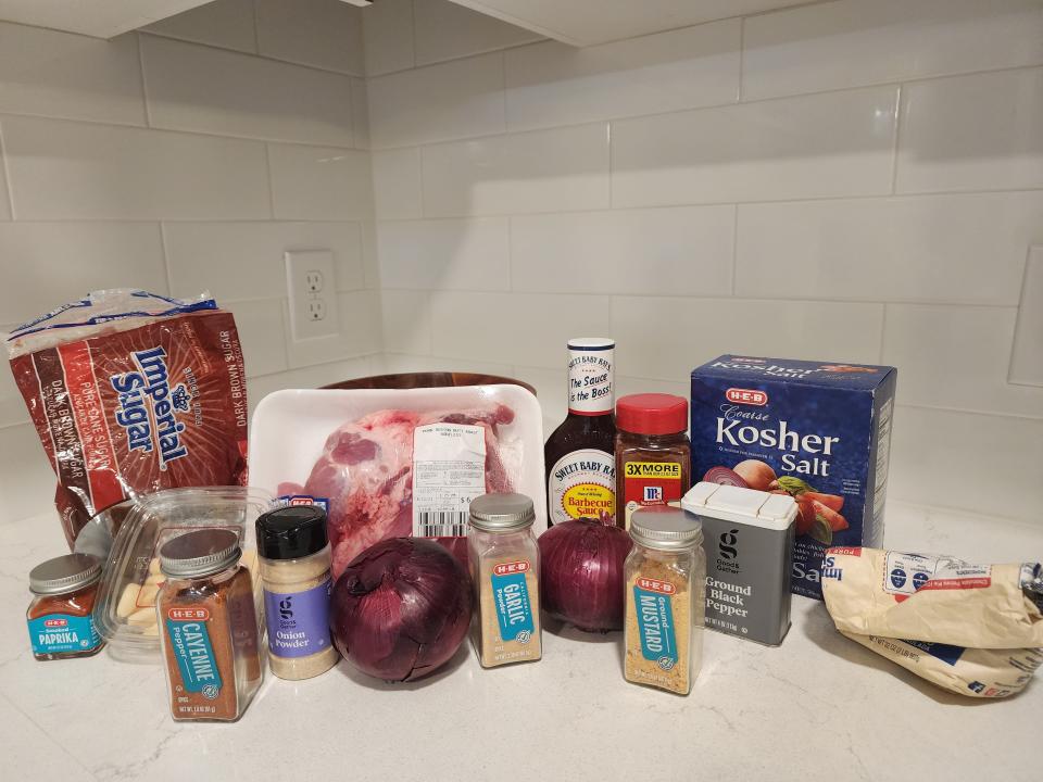 Ingredients for pulled pork on a counter.