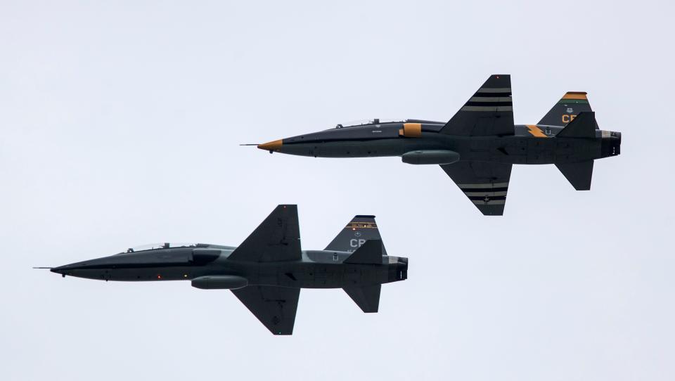 Two T-38 fighter jets pass over Bowman Field during the Thunder Over Louisville Airshow.  April 17, 2020