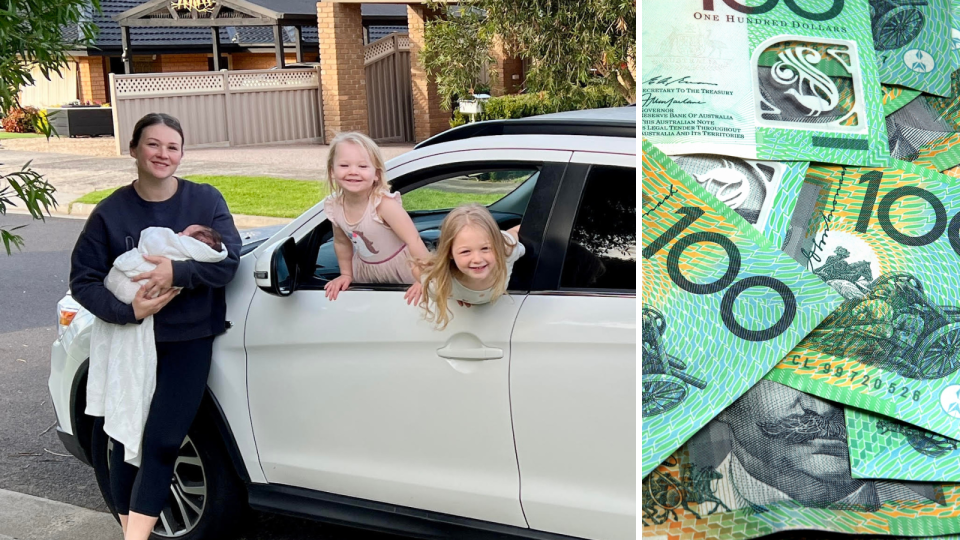 Image of Monique Stevens and three children with car. Australian money notes. Making making with side hustle concept.