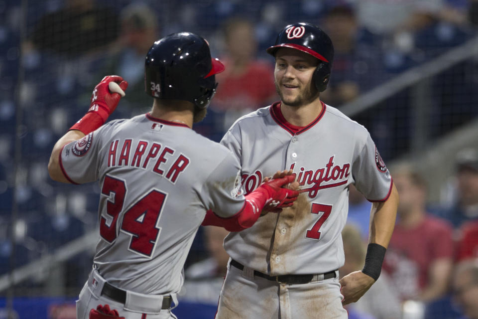 Trea Turner（圖右）與Bryce Harper過去在華盛頓國民共事過。（Photo by Mitchell Leff/Getty Images）