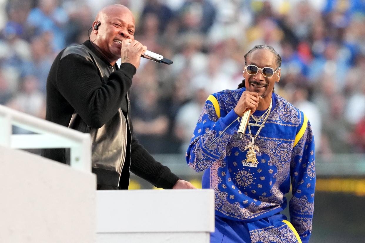 Snoop Dogg and Dr. Dre perform during halftime of Super Bowl LVI between the Los Angeles Rams and the Cincinnati Bengals, Feb. 13, 2022, at SoFi Stadium. (Kareem Elgazzar-USA TODAY Sports)