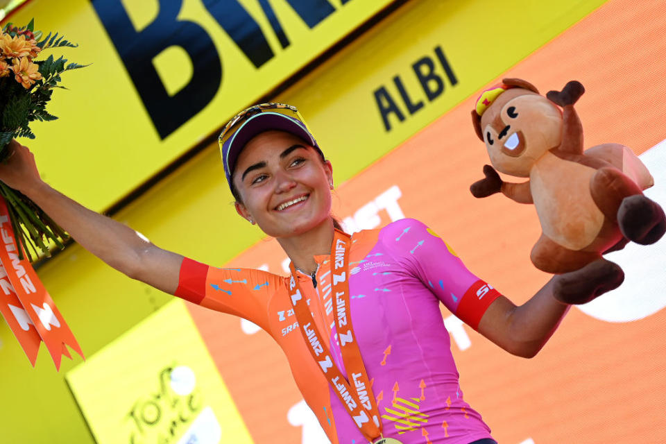 ALBI FRANCE  JULY 27 Ricarda Bauernfeind of Germany and Team CanyonSRAM Racing celebrates at podium as stage winner during the 2nd Tour de France Femmes 2023 Stage 5 a 1261km stage from OnetleChteau to Albi 572m  UCIWWT  on July 27 2023 in Albi France Photo by Tim de WaeleGetty Images