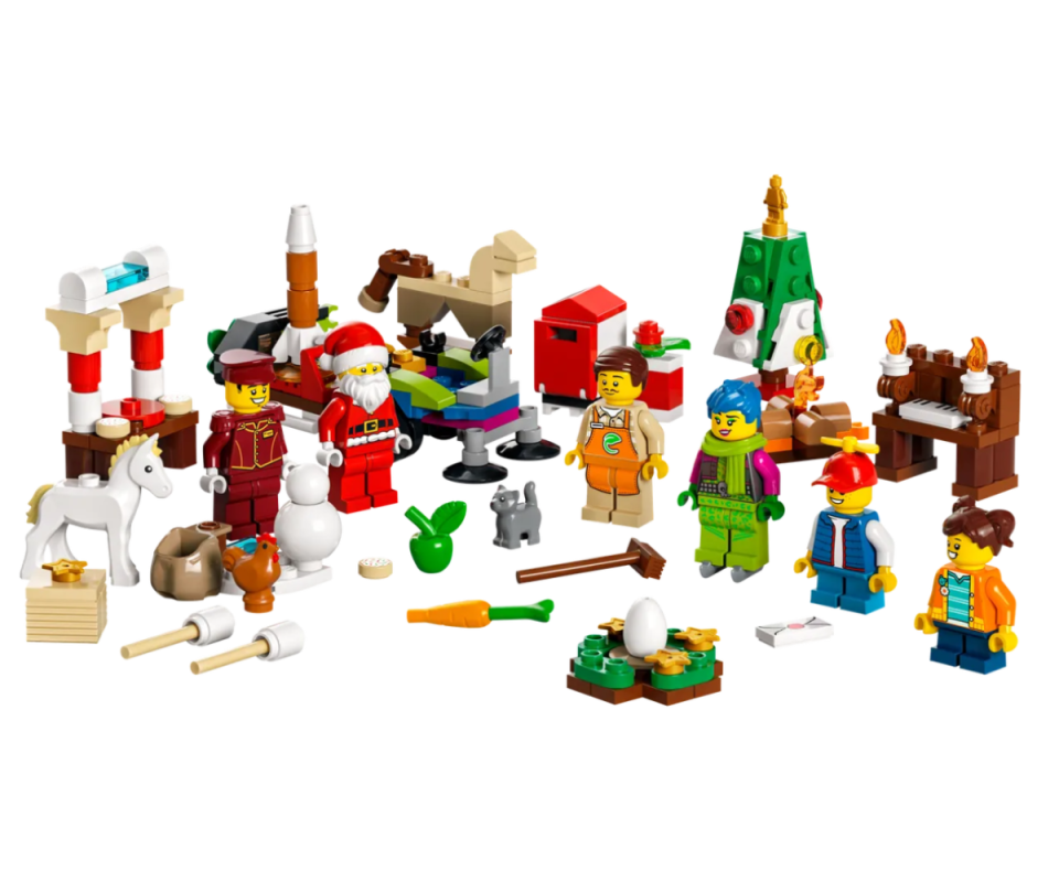 A collection of colourful Christmas-themed LEGO City LEGO pieces against a white background.