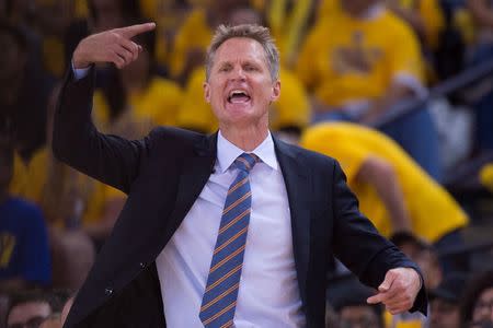 May 3, 2015; Oakland, CA, USA; Golden State Warriors head coach Steve Kerr instructs during the fourth quarter in game one of the second round of the NBA Playoffs against the Memphis Grizzlies at Oracle Arena. Mandatory Credit: Kyle Terada-USA TODAY Sports