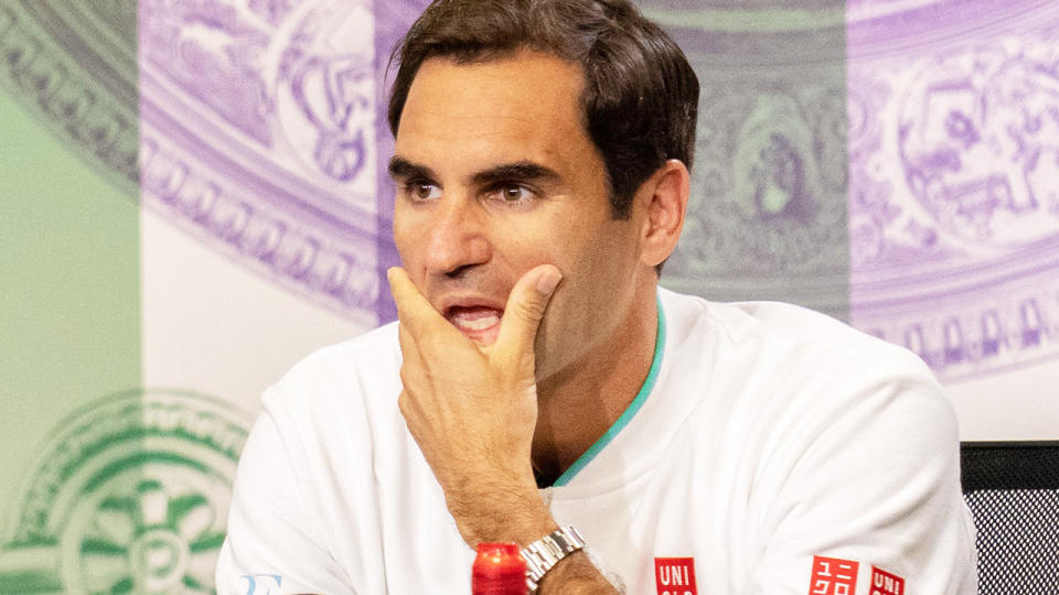 Roger Federer, pictured here speaking to the media after his loss in the quarter-finals at Wimbledon.