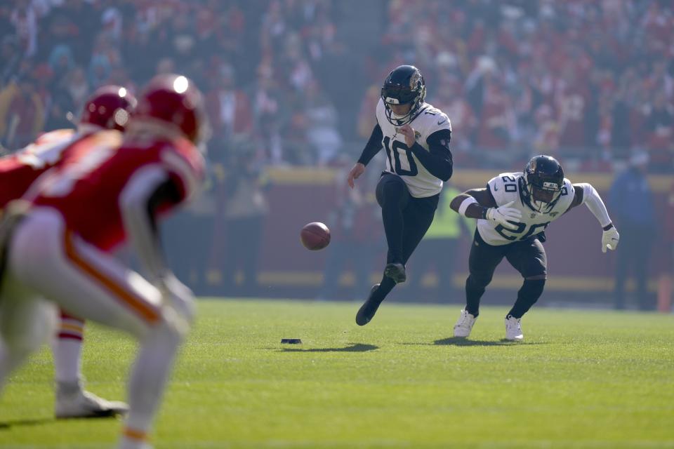 Jaguars kicker Riley Patterson (10) gets off his onside kick attempt to open the game Sunday against the Kansas City Chiefs. Patterson recovered the ball but the Jaguars failed to score.