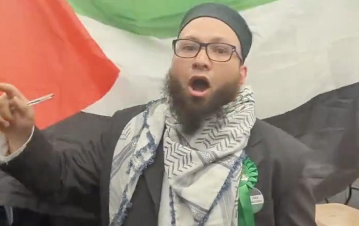 Mothin Ali, the Green Party's winner in the Gipton and Harehills council ward in Leeds, used his victory speech after the May 2 local elections to support Palestine and unfurl its flag