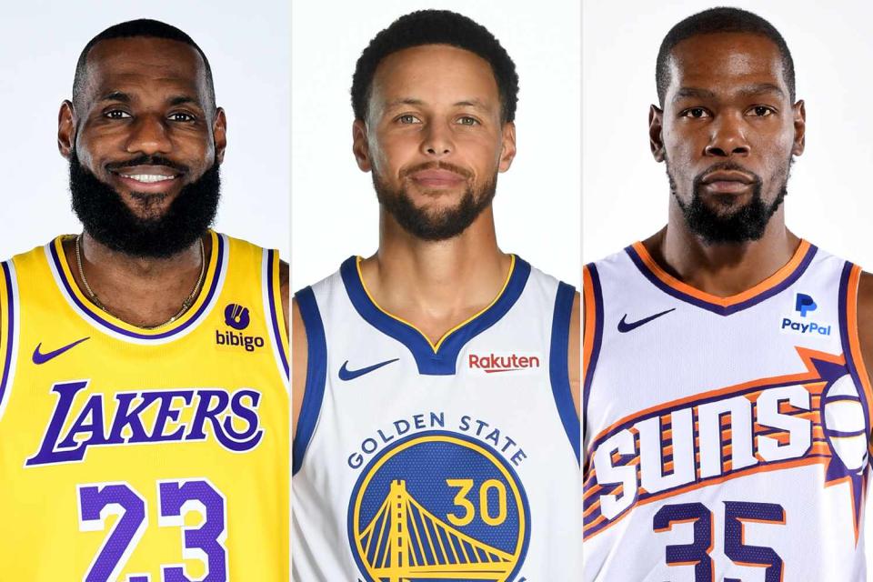 <p>Adam Pantozzi/NBAE via Getty; Noah Graham/NBAE via Getty; Barry Gossage/NBAE via Getty </p> From Left: LeBron James, Stephen Curry and Kevin Durant