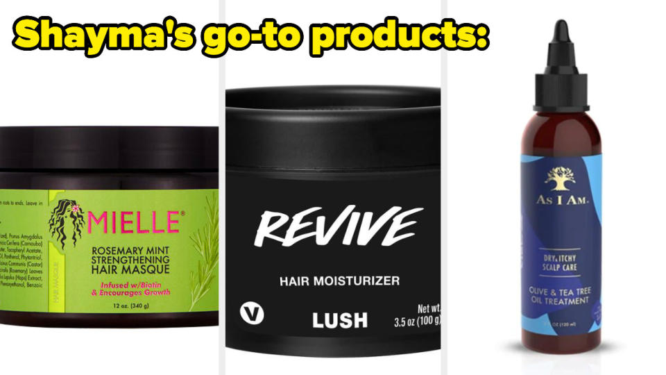 a jar of mielle hair masque, a jar of lush hair moisturizer, a bottle of as I am scalp oil