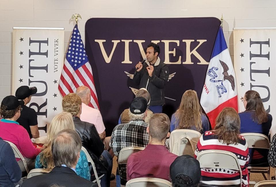 GOP presidential candidate Vivek Ramaswamy speaks in Ottumwa on Saturday.