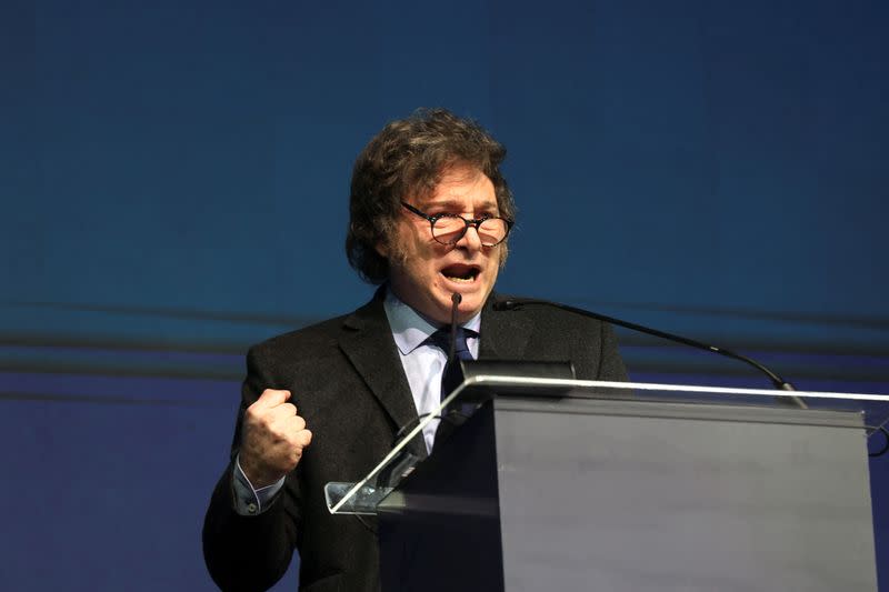 Argentina's President Javier Milei speaks during the CPAC, in Balneario Camboriu