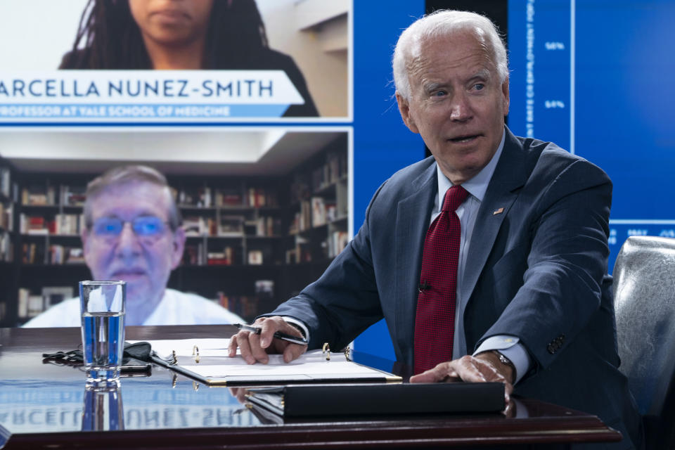 Democratic presidential candidate former Vice President Joe Biden speaks to media during a virtual a briefing on COVID-19 from public health experts in Wilmington, Del., Thursday, Aug. 13, 2020, with his running mate Sen. Kamala Harris, D-Calif. (AP Photo/Carolyn Kaster)