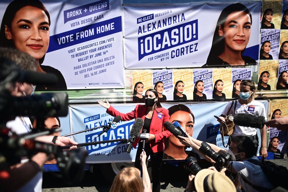 US Representative Alexandria Ocasio-Cortez (D-NY) speaks to the press near a polling station during the New York primaries Election Day on June 23, 2020 in New York City. (Photo by Johannes EISELE / AFP) (Photo by JOHANNES EISELE/AFP via Getty Images)