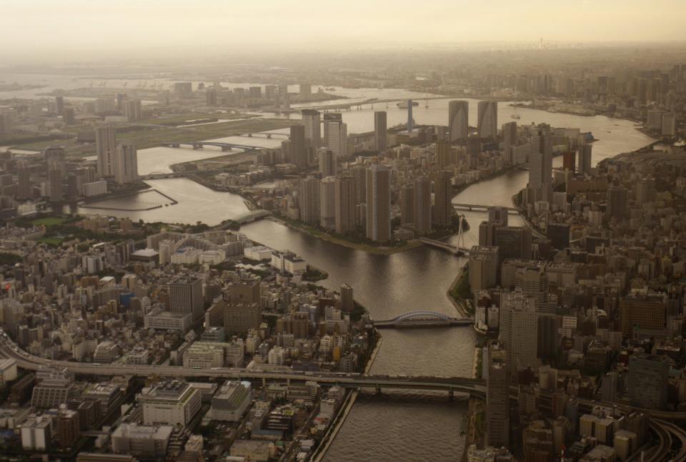 File photo of a view of Tokyo from Japan's first Hermes helicopter, designed by the French luxury brand in conjunction with Eurocopter, flying over Tokyo