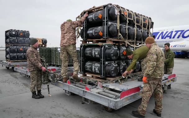 PHOTO: In this Feb. 11, 2022, file photo, Ukrainian servicemen unpack Javelin anti-tank missiles, delivered as part of the United States of America's security assistance to Ukraine, at the Boryspil airport, outside Kyiv, Ukraine. (Efrem Lukatsky/AP, FILE)